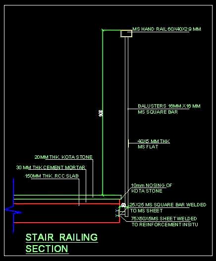 Mild Steel (MS) Stair Railing Fixing Details- Free DWG